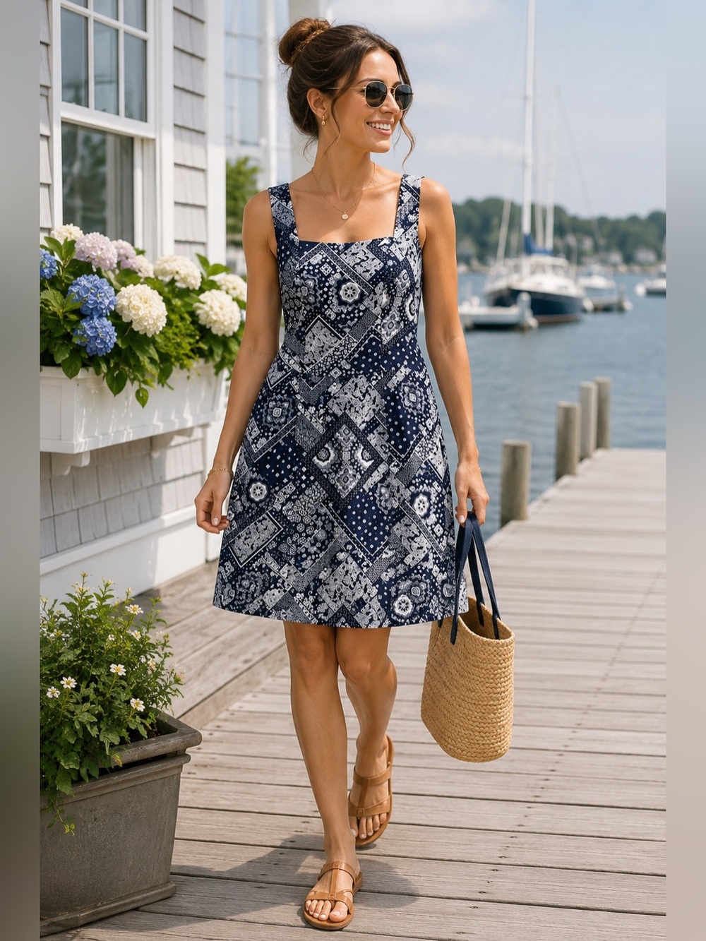 Navy White Print Summer Dress NWT Medium Coastal Resort Vacation